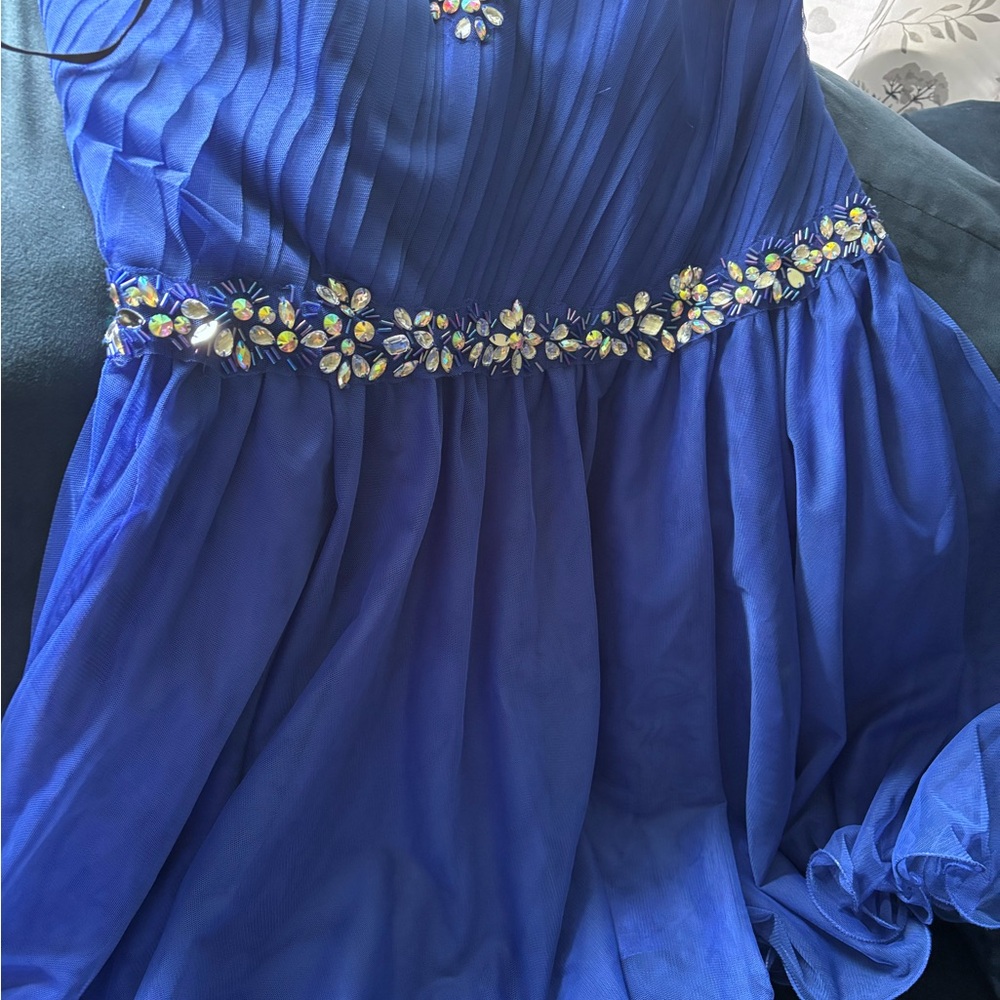 Deb Blue Strapless Pleated Sundress for Prom
